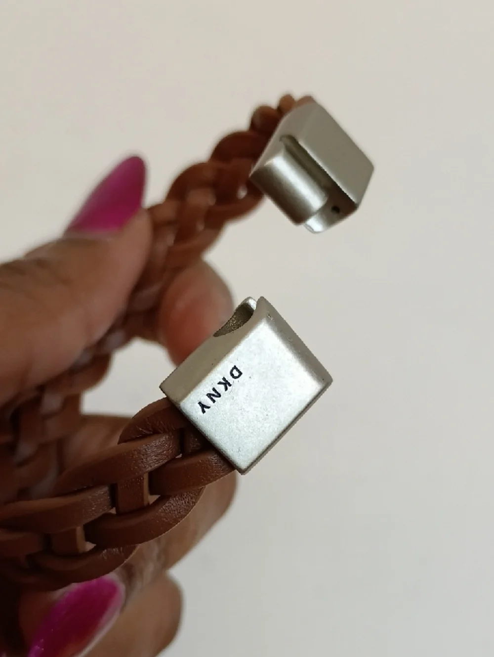 DKNY Braided Leather Wrap Bracelet Tan Brown Silver Magnetic Clasp